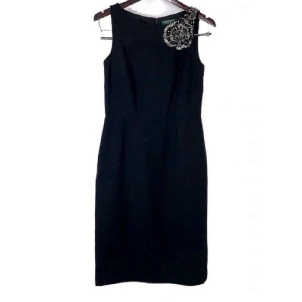 Lauren Ralph Lauren Black Sleeveless Shift Dress Lined Sz 4 Beaded Office Career